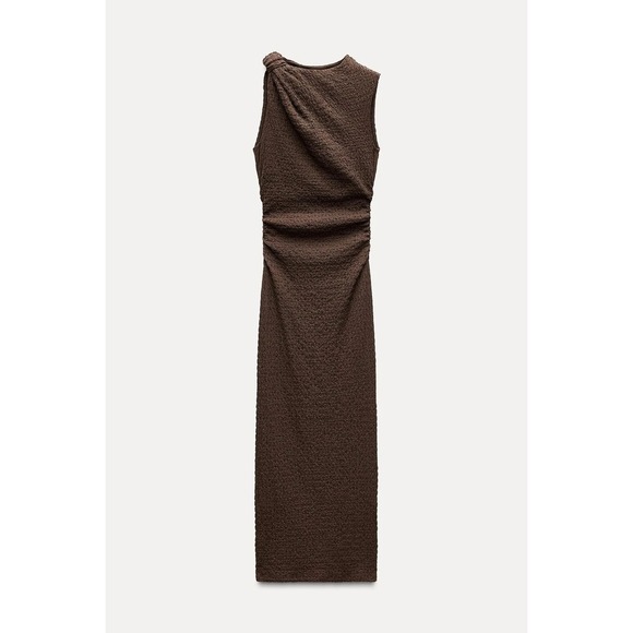 ZARA Textured Black Sleeveless Midi Dress Women's S Ruched Stretch Bodycon NWT - Picture 2 of 11